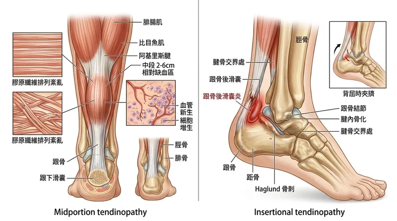 阿基里斯腱中段相對缺血區 vs 附著點 Haglund 骨刺夾擠解剖病理對比圖