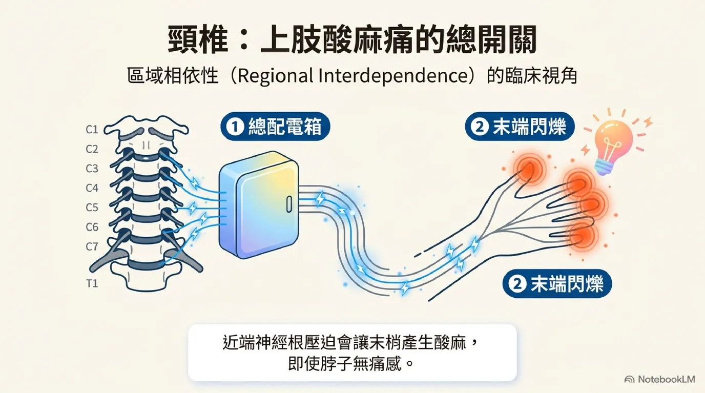 大樓總配電箱與 C5–C8 神經根線路比喻圖 (Electrical Main Distribution Box & Flickering Bulbs)