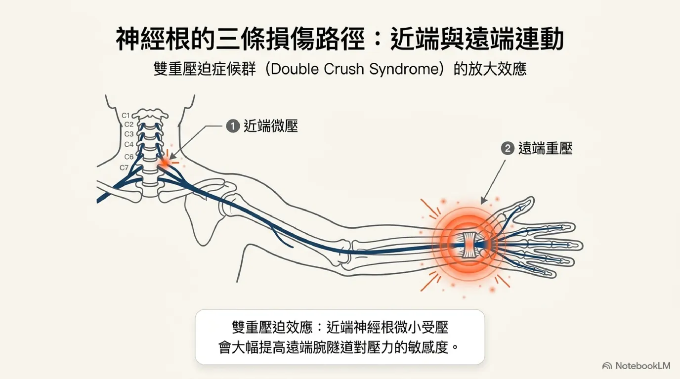 近端微壓迫放大遠端神經敏感度示意圖 (Proximal Irritation & Distal Sensitization)