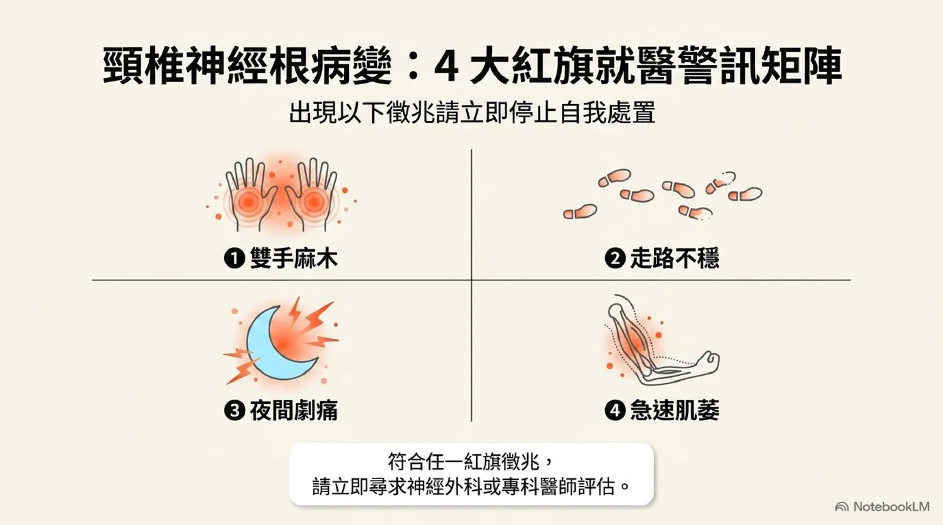 頸椎神經根病變 4 大紅旗就醫警訊矩陣圖 (Four Cervical Red Flags Matrix)