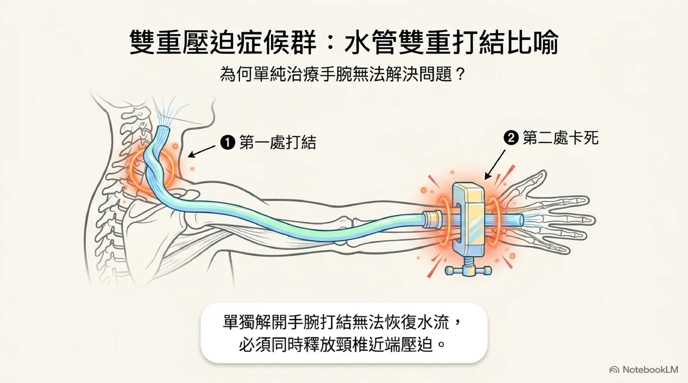 水管兩處打結流速驟減雙重壓迫比喻圖 (Garden Hose Dual Kinks Analogy)