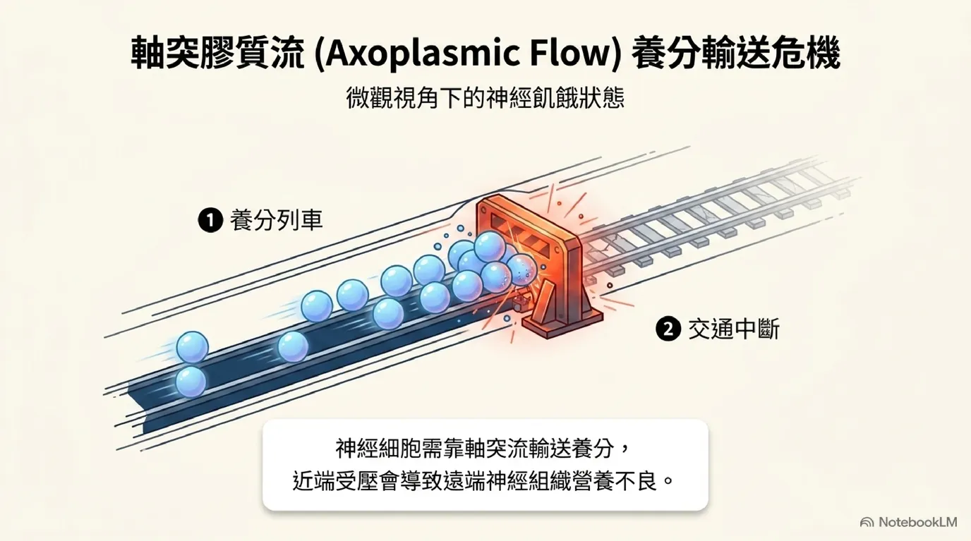 軸突膠質流 (Axoplasmic Flow) 養分列車交通中斷圖 (Axon Highway & Transport Stagnation)