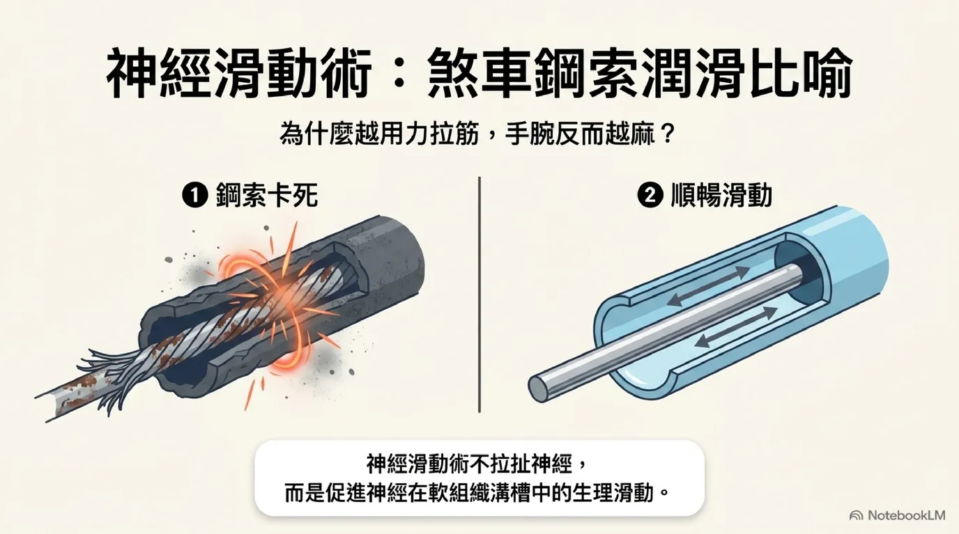 煞車鋼索生鏽卡死 vs. 潤滑油滑動比喻圖 (Brake Cable Rust vs Lubricated Glide)