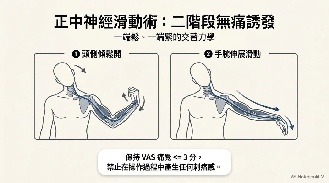 正中神經兩階段無痛滑動動作圖 (Slider Technique Coordination)