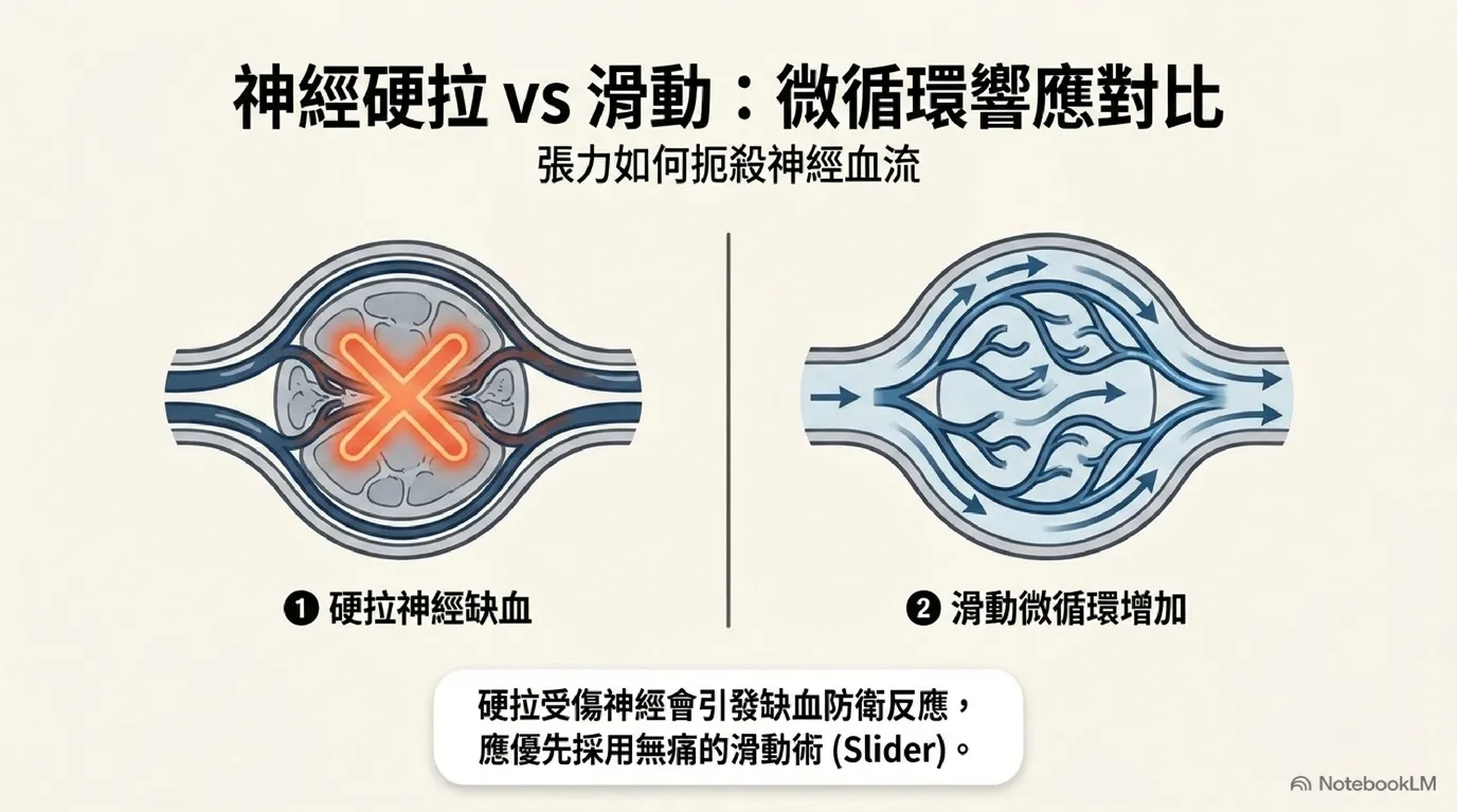 硬拉 (Tensioner) 缺血 vs 滑動 (Slider) 減壓對比圖 (Rubber Band Tension vs Cable Sliding)