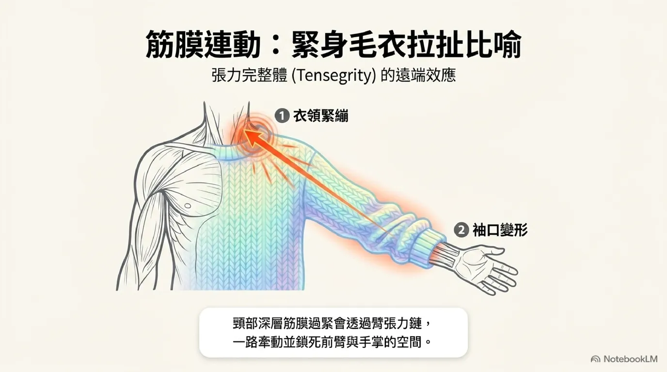 緊身毛衣拉扯連動比喻圖 (Tight Sweater Collar Pull Analogy)