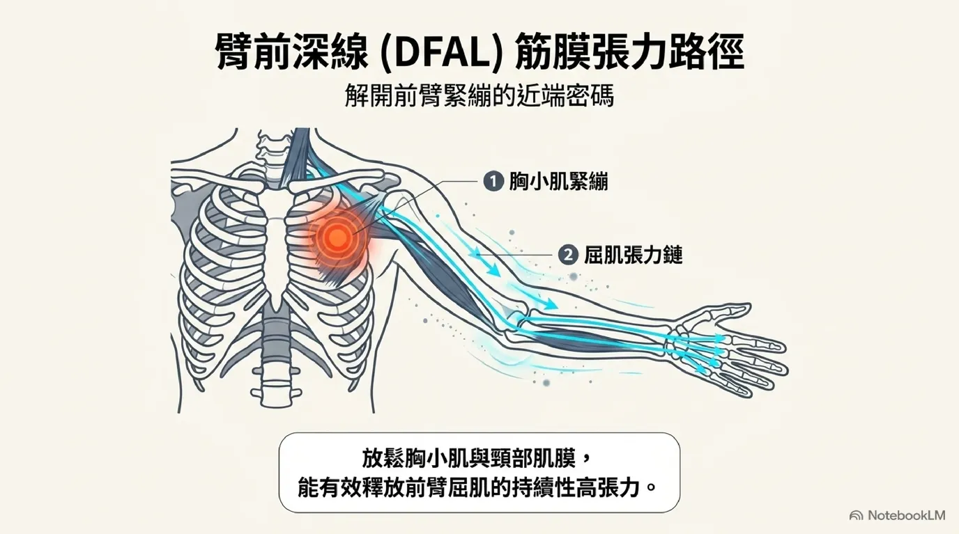 臂前深線 (DFAL) 解剖張力傳導圖 (Deep Front Arm Line Tension Network)