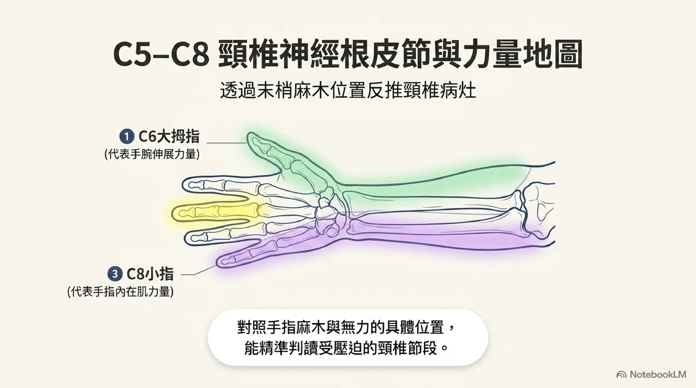 C5–C8 皮節 (Dermatomes) 與肌節 (Myotomes) 對照矩陣圖 (C5-C8 Neuro-Mapping Matrix)