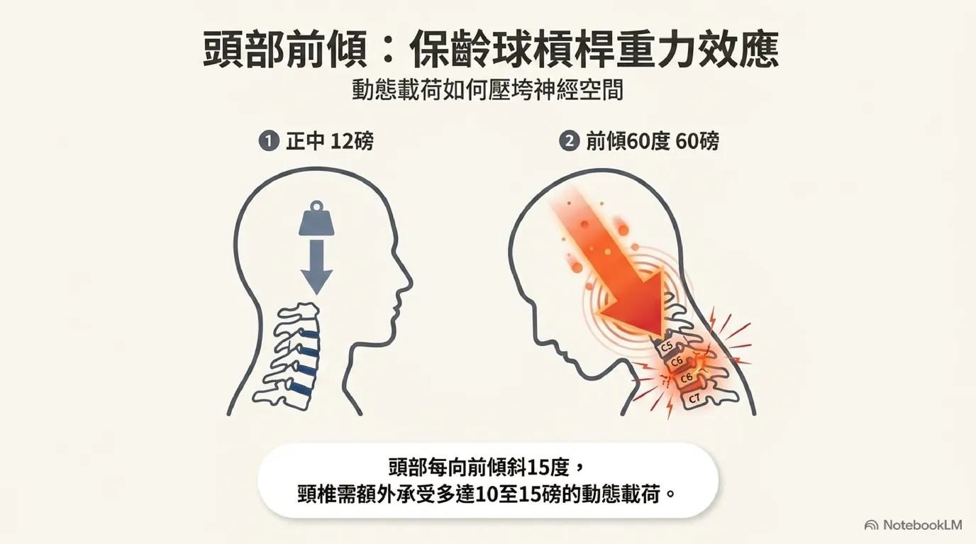 頭部前傾保齡球槓桿重力放大圖 (Bowling Ball Forward Head Tilt)