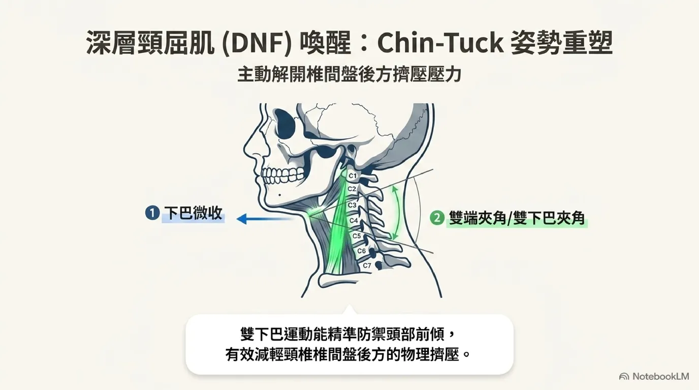深層頸屈肌 (DNF) 喚醒與下巴收回姿勢重塑圖 (Chin Tuck Deep Neck Flexor Reset)