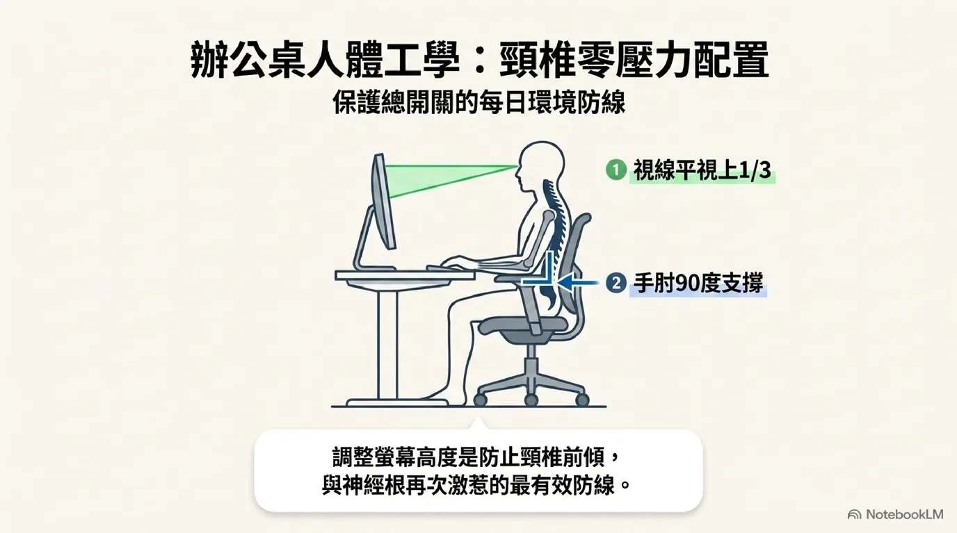 姿勢防禦與辦公桌站姿人體工學配置圖 (Ergonomic Workstation Alignment)