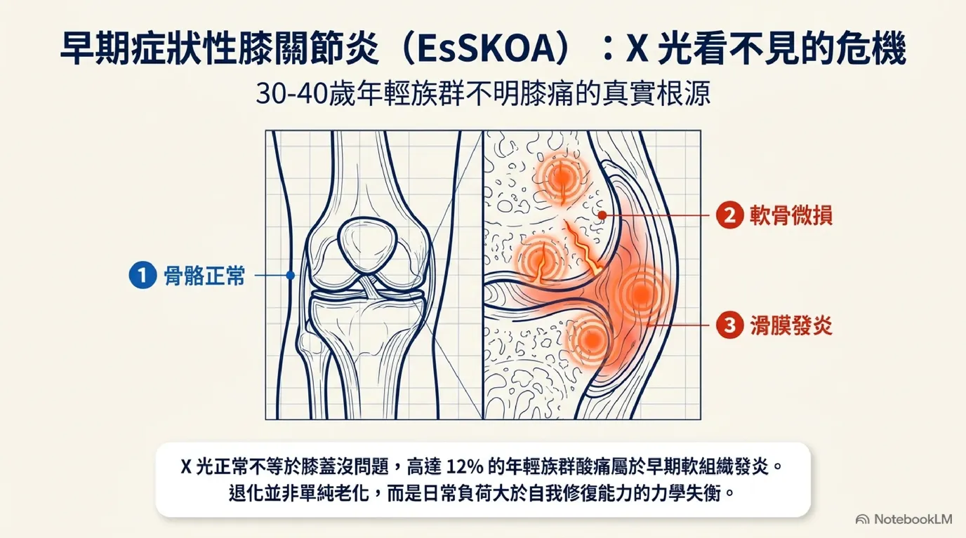早期症狀性膝關節炎(EsSKOA)隱形危機對照圖