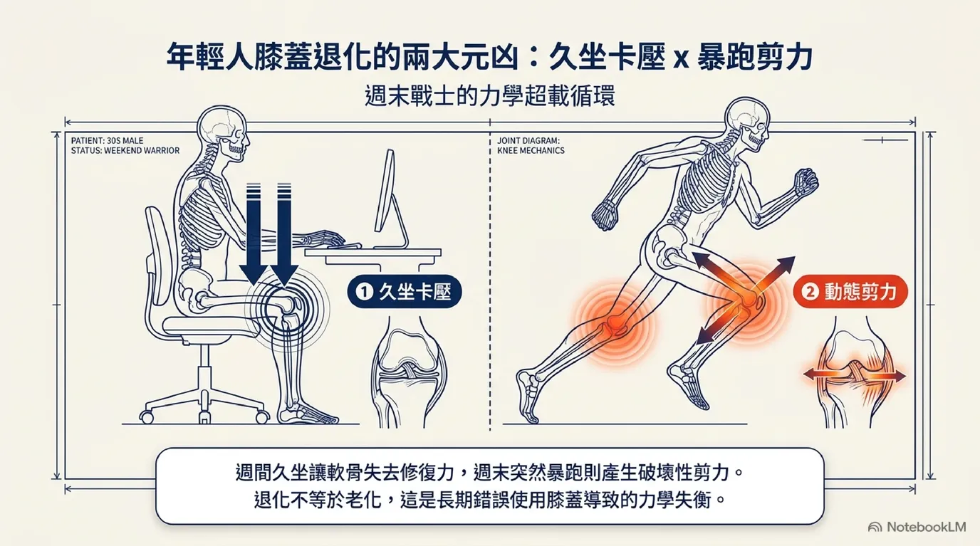 年輕人膝蓋退化的兩大元凶:久坐卡壓與暴跑剪力圖