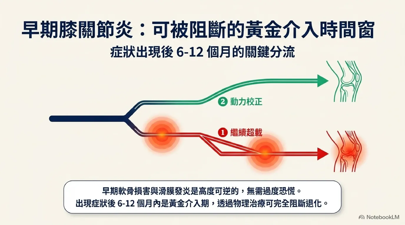 早期膝關節炎可被阻斷之黃金介入時間窗圖