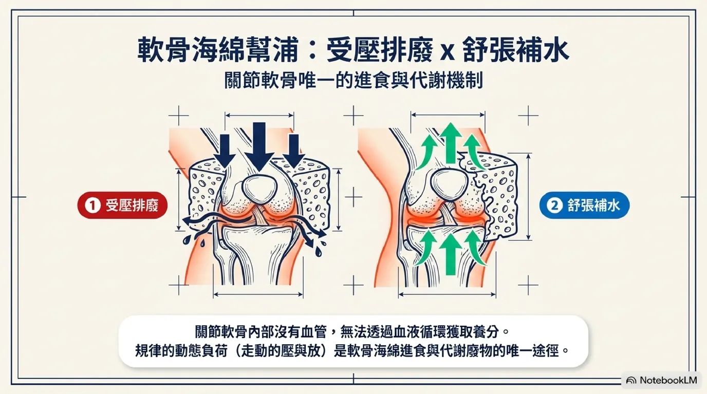 軟骨「廚房海綿」吸水與加載舒張代謝機制圖