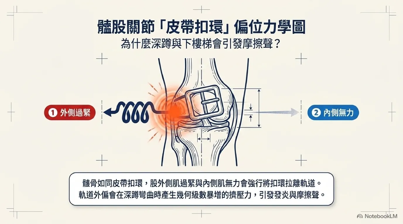 髕股關節「皮帶扣環」偏位與肌力失衡效應圖