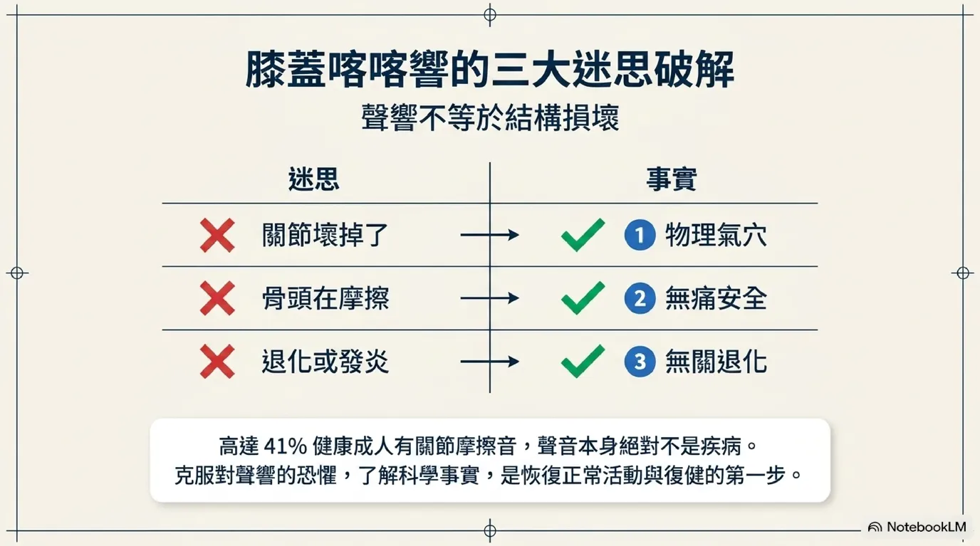 膝蓋喀喀聲響之實證醫學三大迷思破解圖