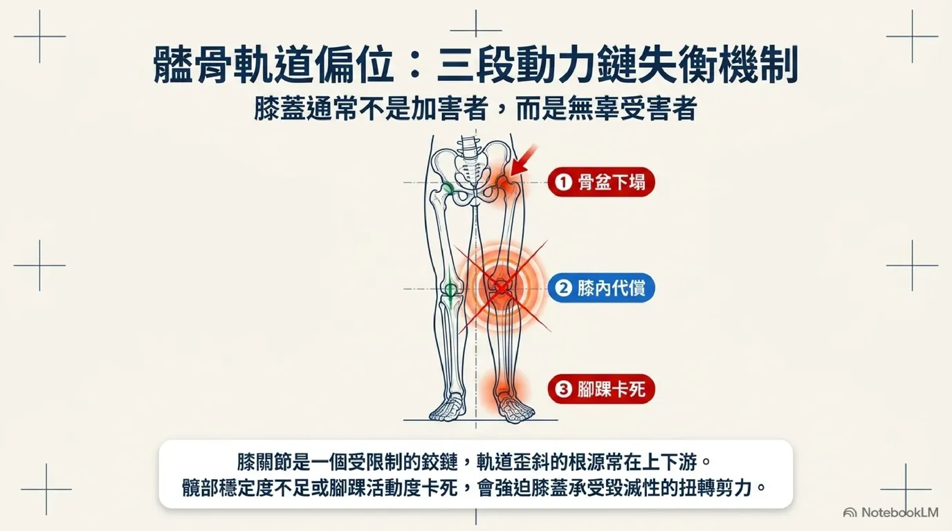 髕骨軌道偏位:近端髖肌與遠端足踝動力鏈失衡圖