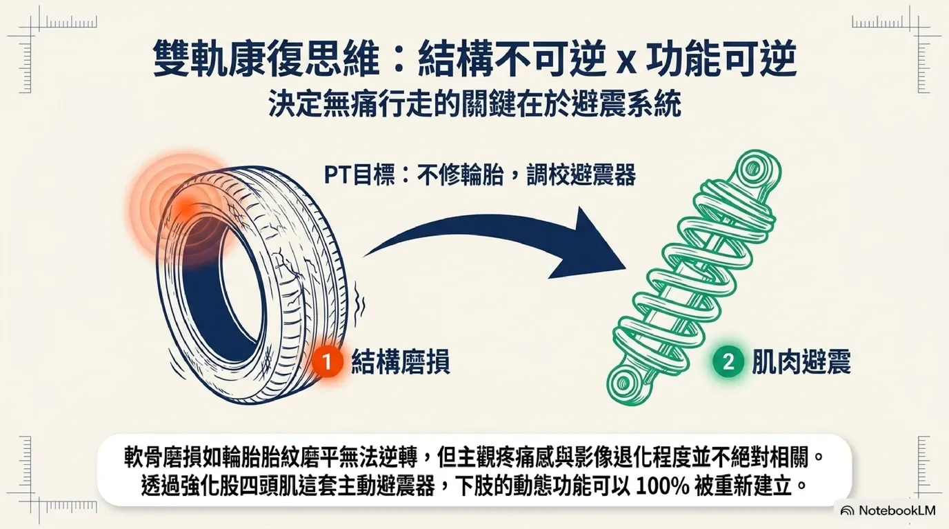 雙軌康復思維:磨損輪胎結構與金屬避震器功能圖
