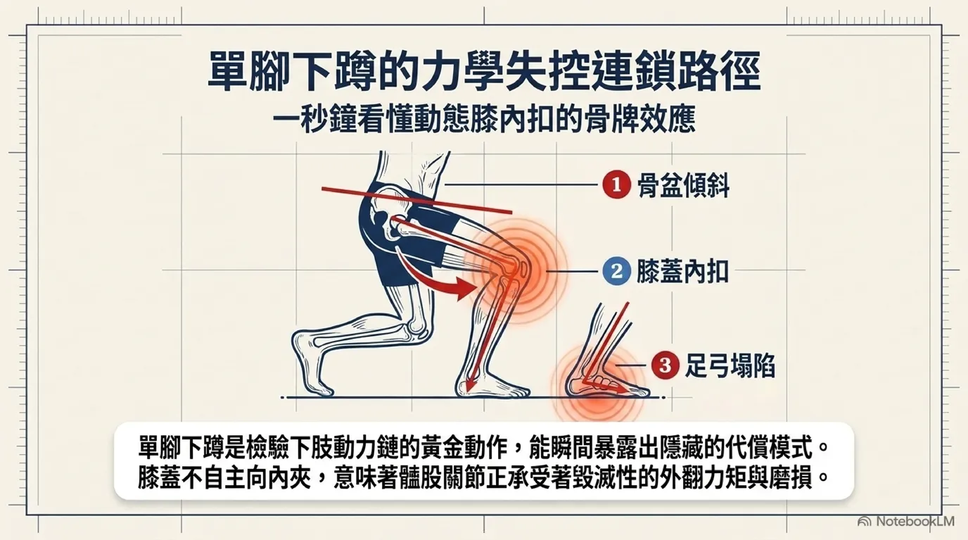 單腳蹲動態膝內扣與骨盆傾斜連鎖代償破口圖