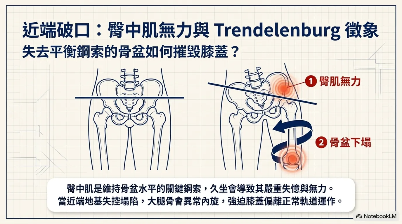 近端破口:臀中肌無力引發 Trendelenburg 骨盆傾斜圖