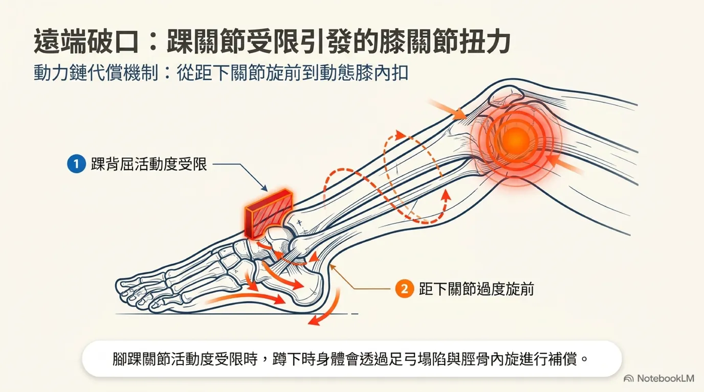 遠端破口:踝背屈受限與足弓旋前強迫脛骨內旋圖