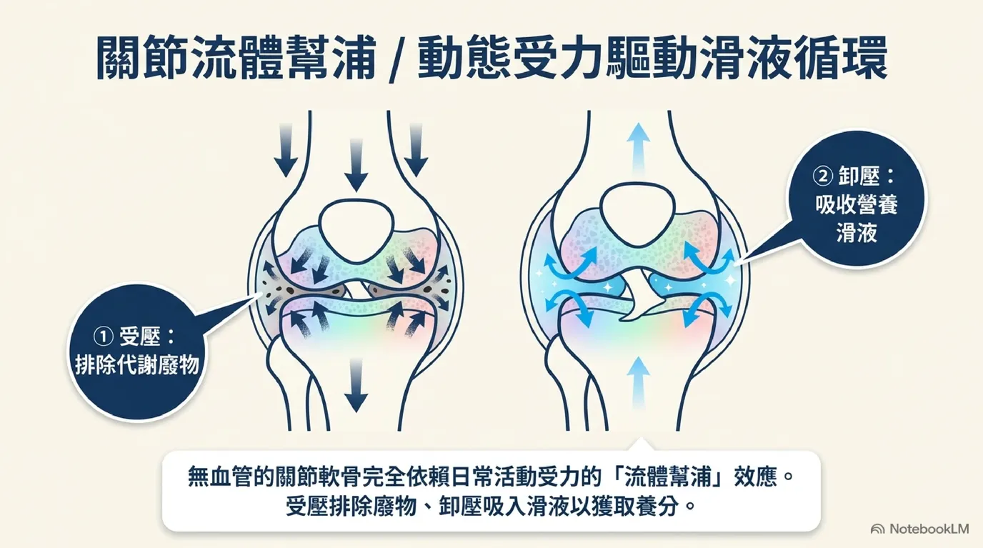 圖:關節流體幫浦運作機制——受壓排除廢物與卸壓吸收營養示意圖
