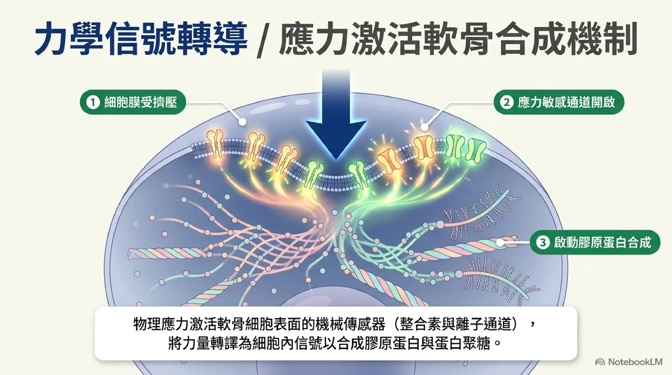 圖:軟骨細胞機械傳導通路——細胞膜受擠壓與膠原蛋白合成示意圖