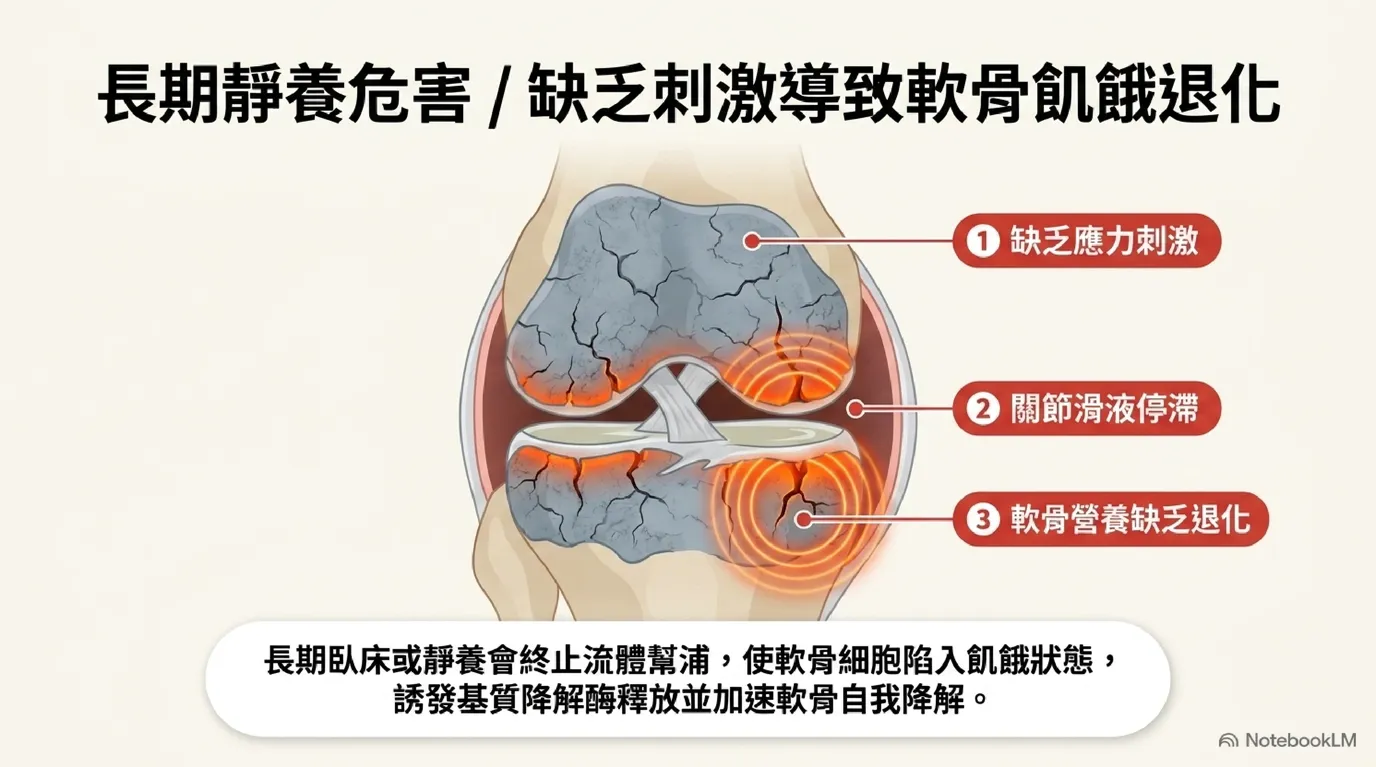 圖:長期固定化與軟骨飢餓——缺乏應力刺激致滑液停滯與軟骨退化示意圖