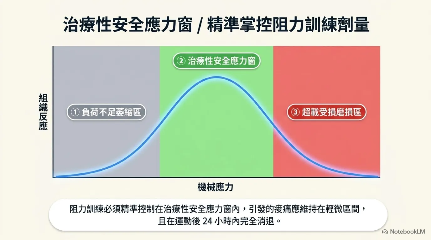 圖:漸進式阻力訓練安全應力窗與 VAS 3分痛覺監控守則示意圖