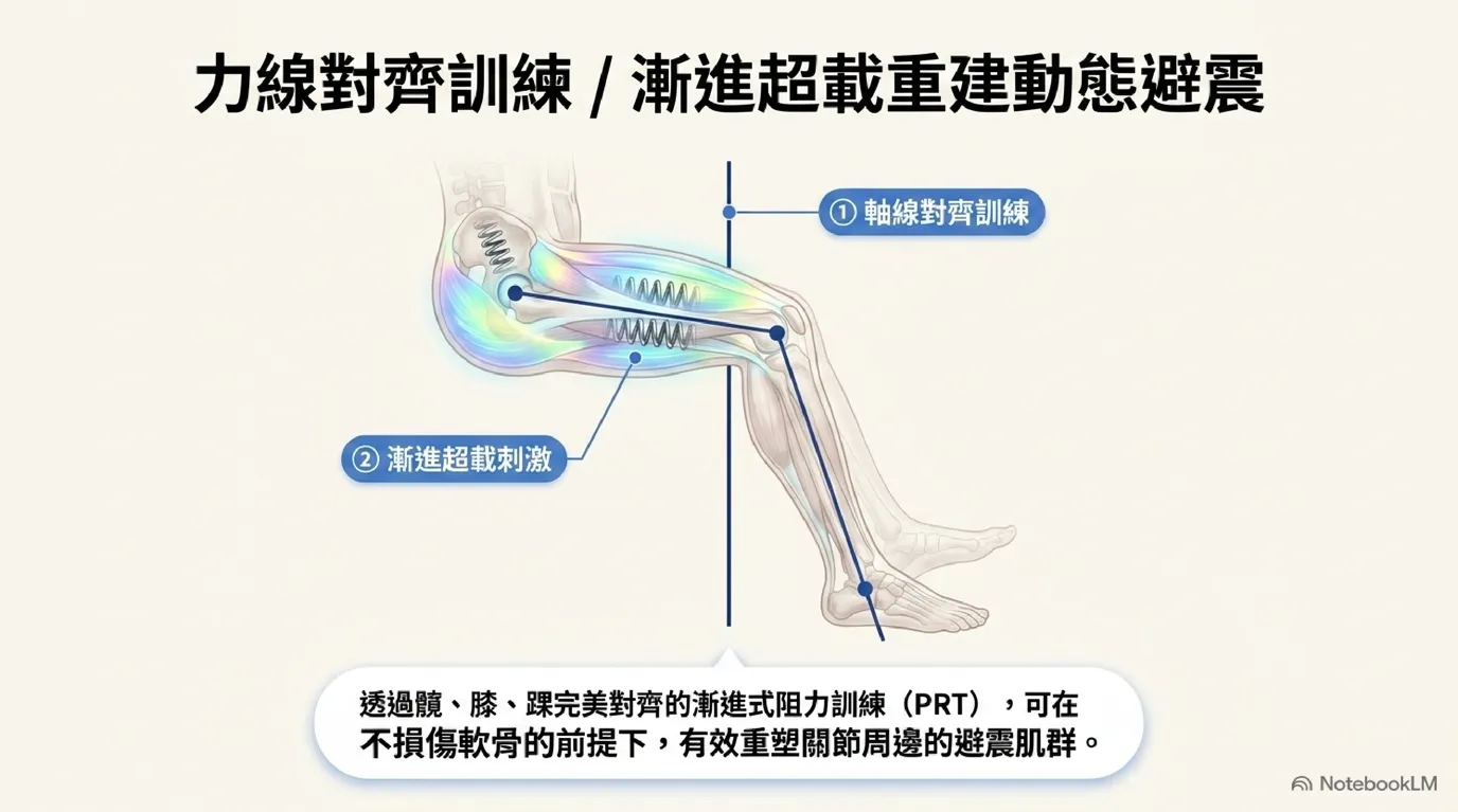 圖:PRT 運動超載與肌肉回正——腿部推舉下力學軸線精準對齊示意圖