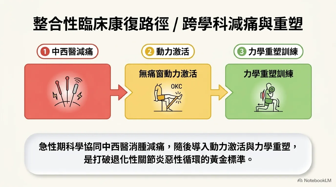 圖:中西醫協同康復臨床路徑——減痛、動力激活至力學重塑三階段示意圖