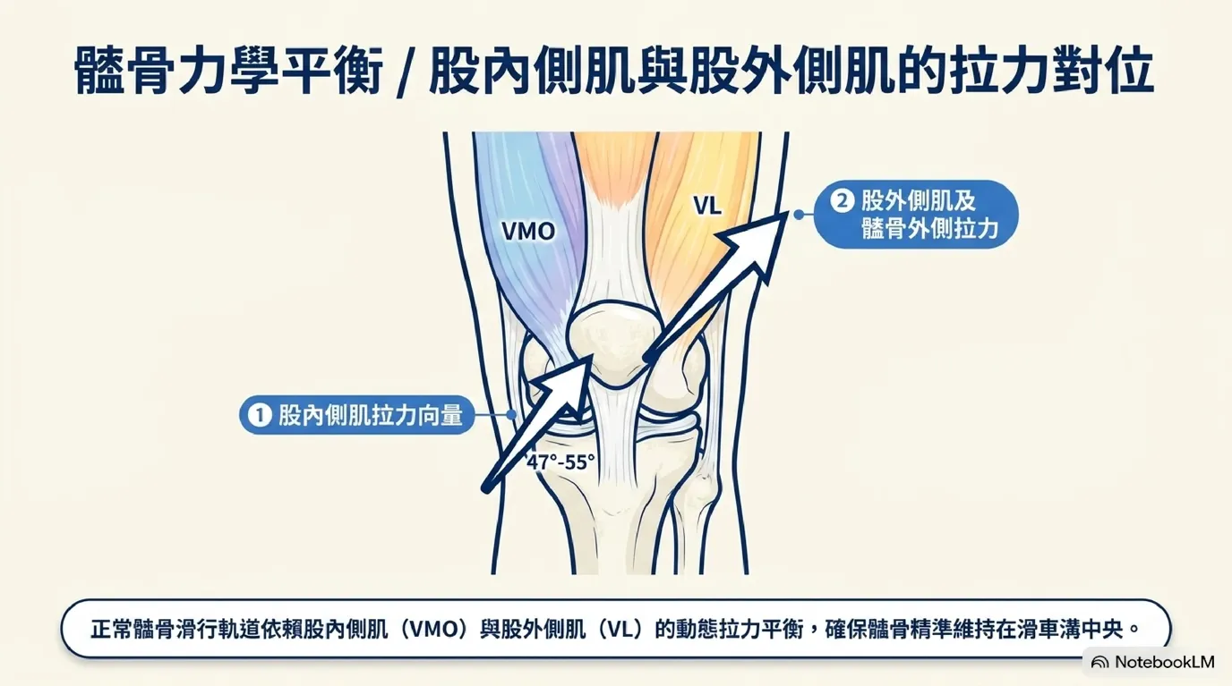 圖:髕骨脫軌危機——股內側肌休眠致外側肌群單向拉扯髕骨偏位示意圖