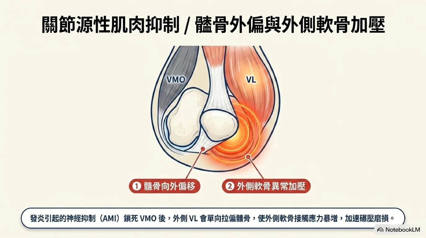 圖:髕骨外移滑動偏位——橫切面下髕骨向外偏移壓迫外側軟骨示意圖