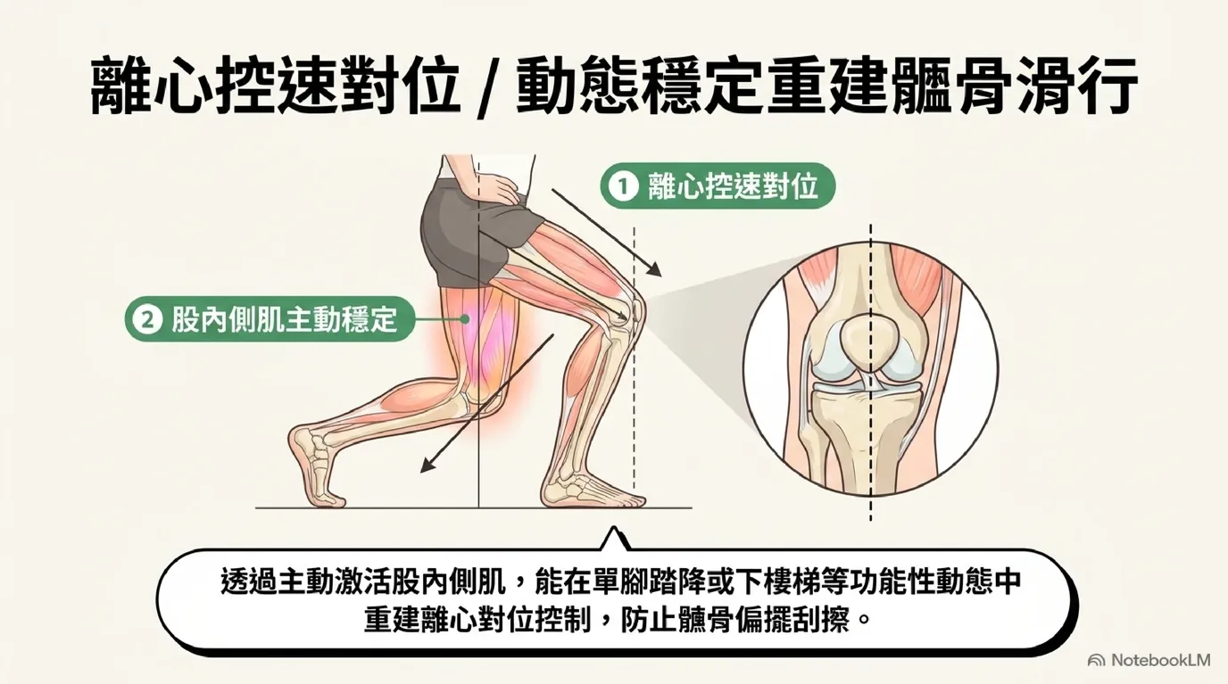 圖:股內側肌離心對位穩定——踏降時 VMO 主動收縮對位示意圖