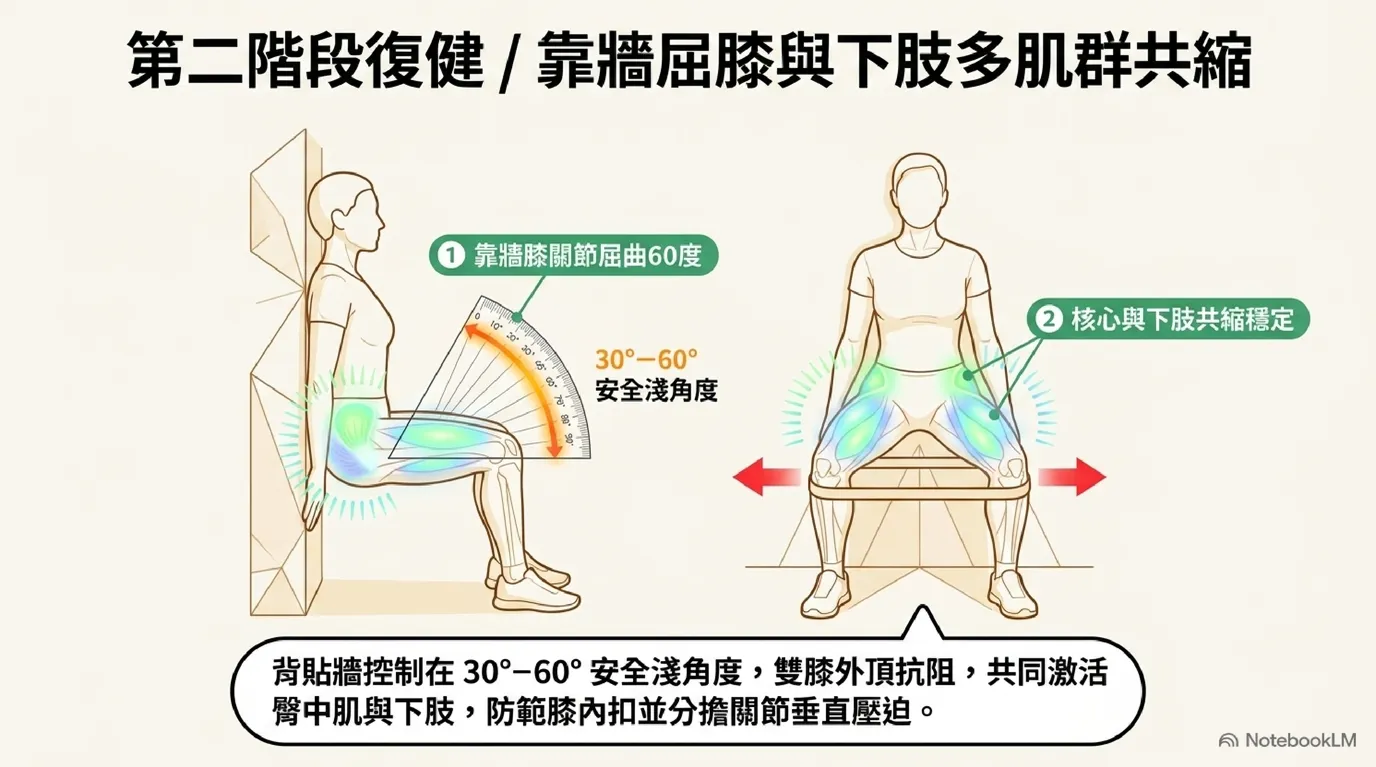 圖:第二步靠牆深蹲多肌群共縮——屈膝60度與核心腿部共縮示意圖
