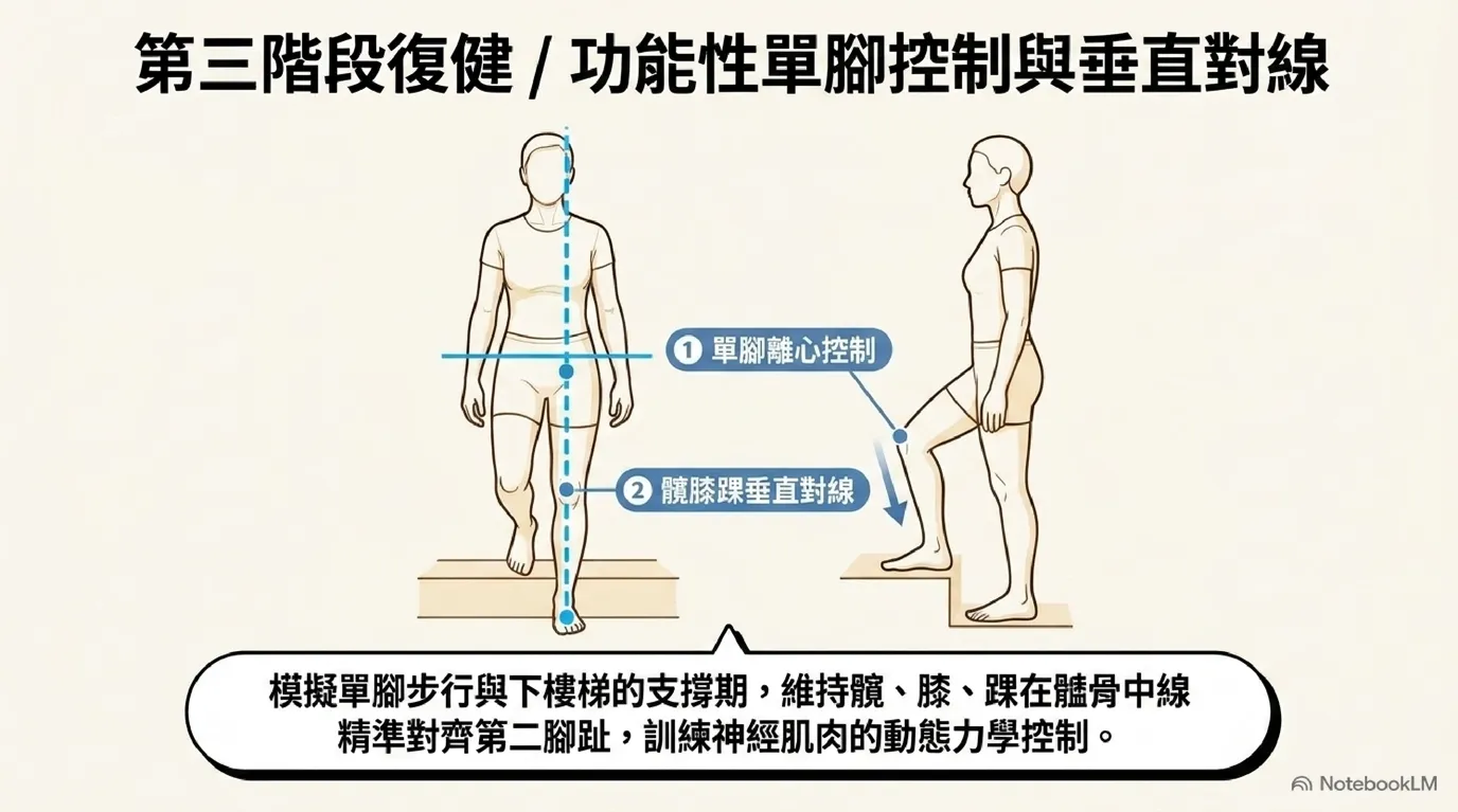 圖:第三步單腳下階對位離心控制——髖膝踝垂直對線示意圖