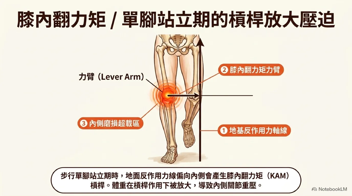 圖：膝內翻力矩（KAM）——地面反作用力致內側關節超載示意圖