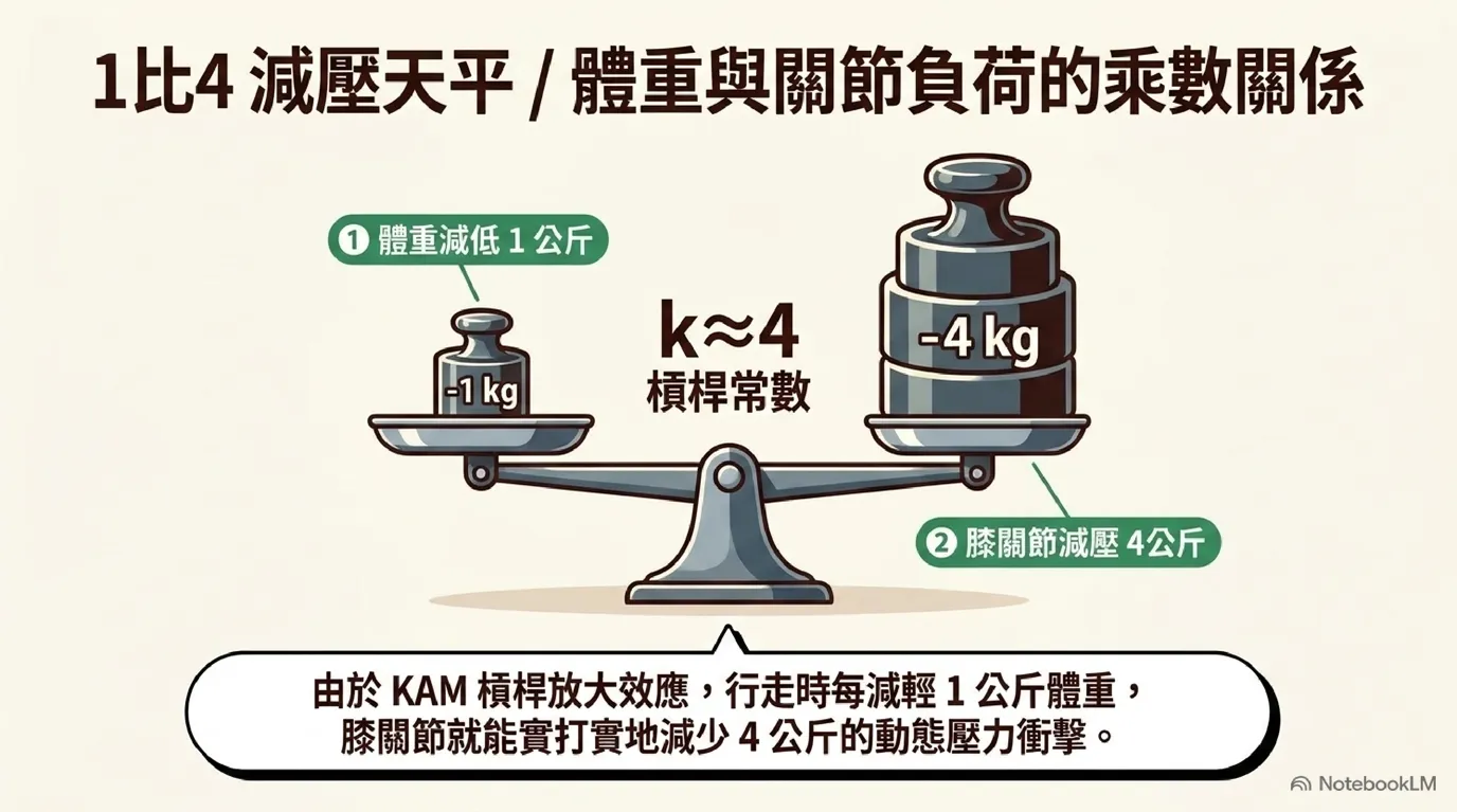 圖：減重 1:4 膝關節減壓乘數效應——動態行走時膝蓋承重為體重 4 倍；體重每減 1 kg，每走一步膝關節減壓 4 kg。