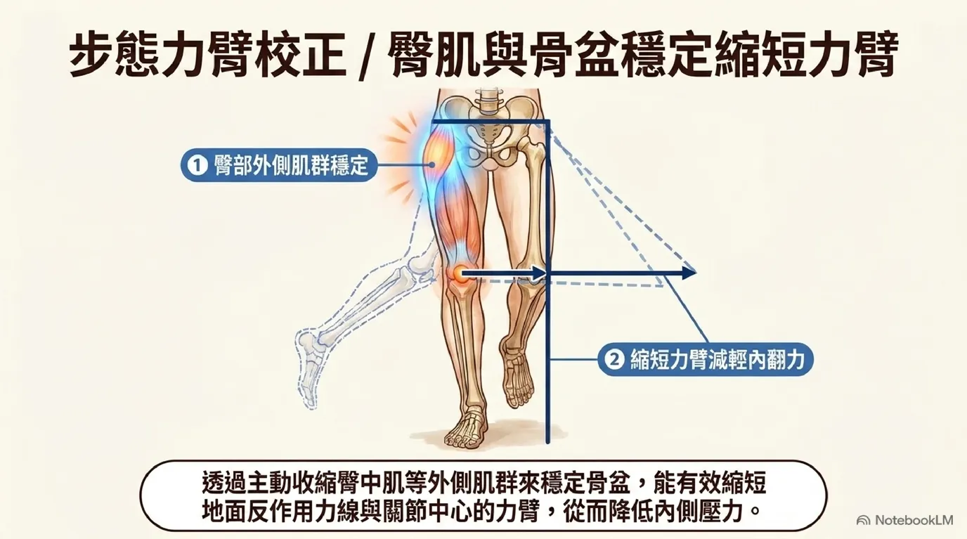圖：動態骨盆穩定減輕 KAM 示意圖——臀部外側肌群（臀中肌）穩定骨盆，縮短地面反作用力槓桿力臂，主動減輕膝內翻力矩與內側磨損。
