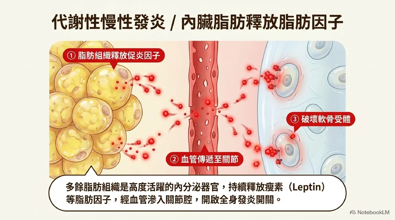圖:全身性脂肪因子——Leptin 通過血液傳遞水解關節軟骨示意圖