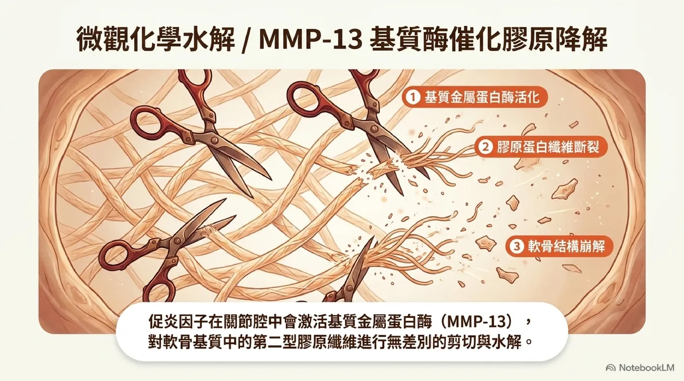 圖:MMP-13 化學拆除大隊——發炎因子活化水解膠原蛋白基質示意圖