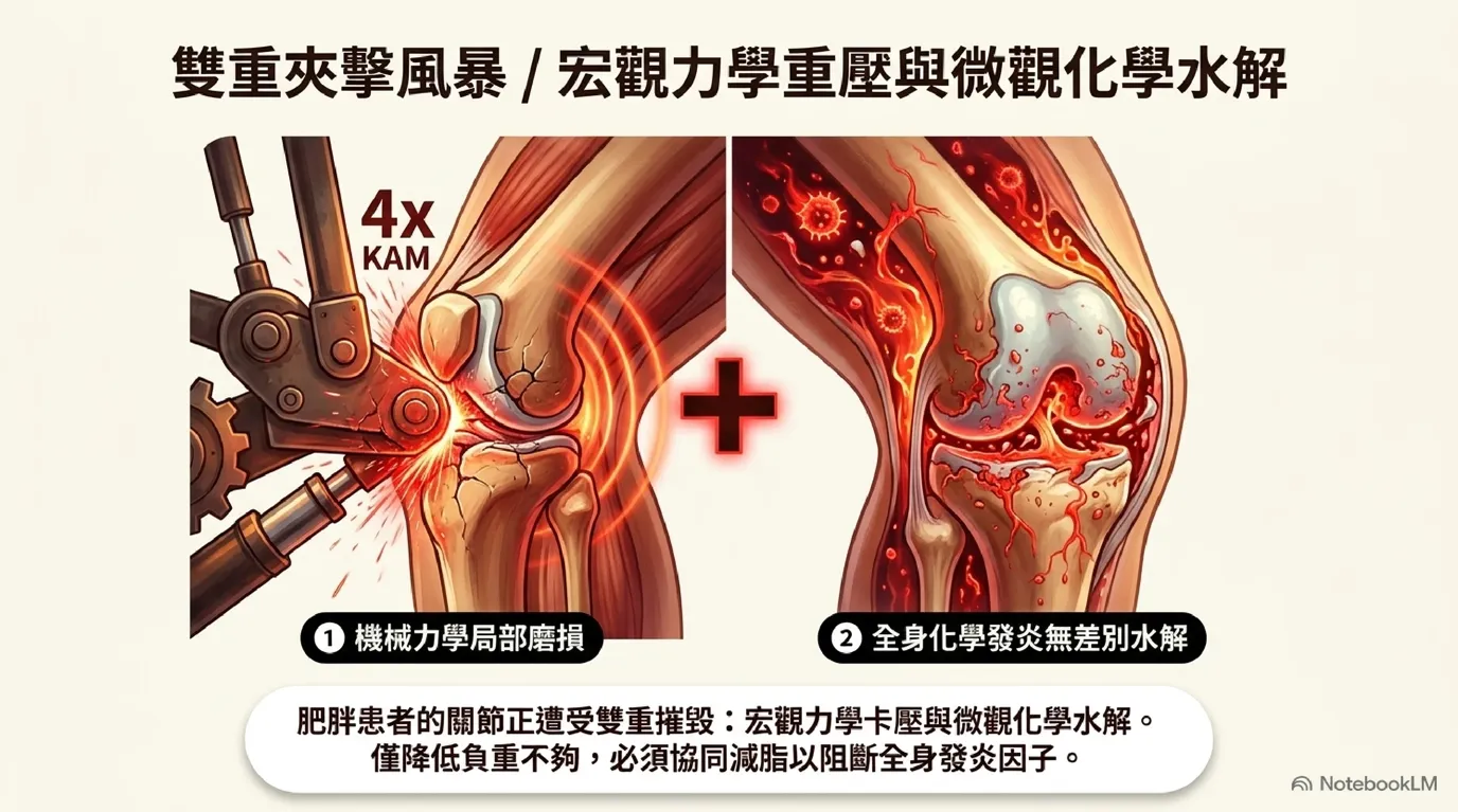 圖:機械磨損 vs. 化學水解對照圖——局部力學壓迫與全身發炎水解對比