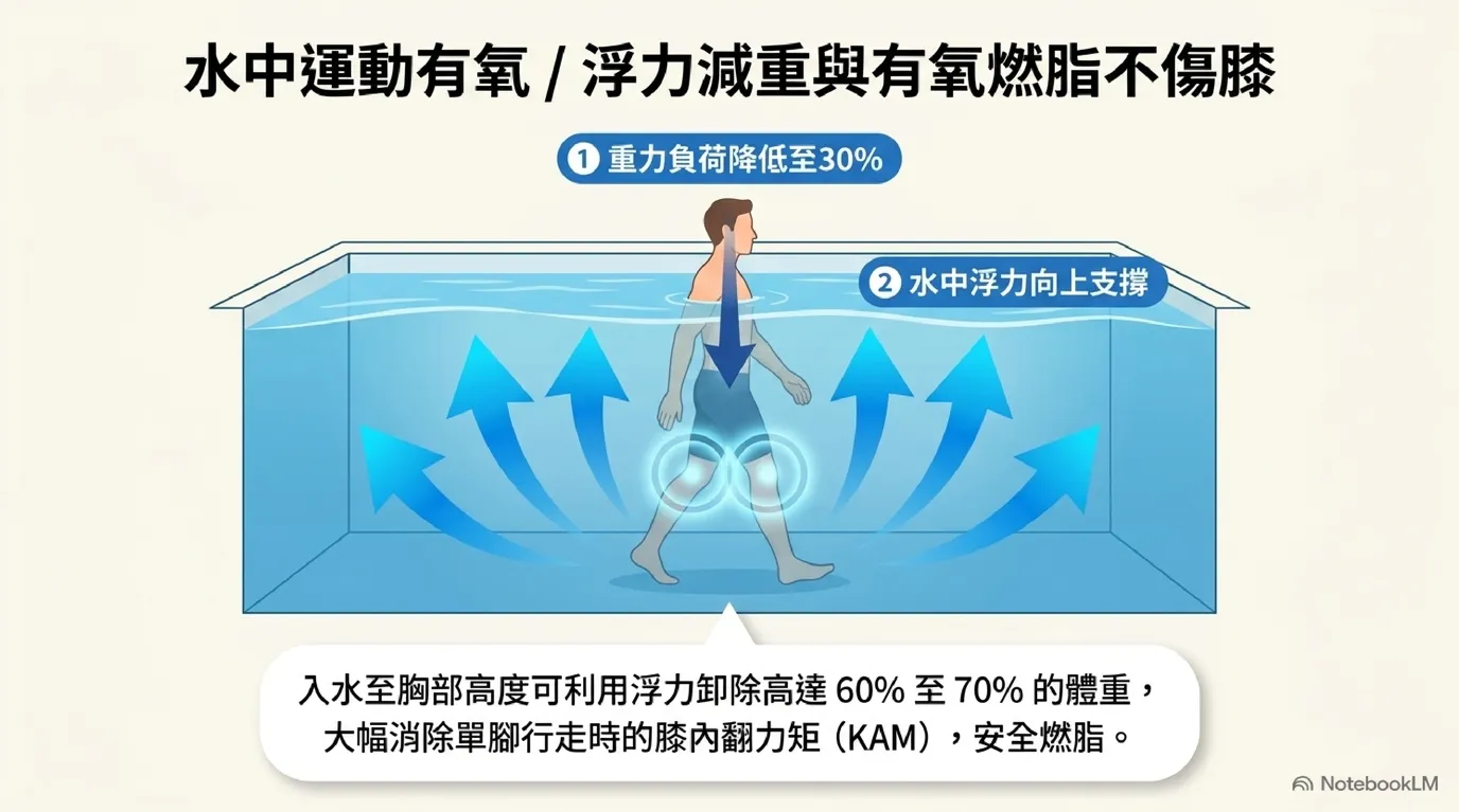 圖:水中浮力減壓——水向上浮力抵銷 70% 體重重力減壓示意圖