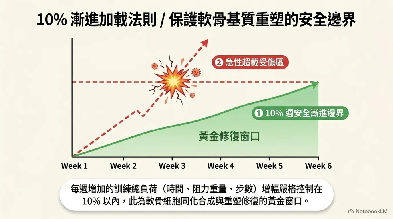 圖:10% 漸進加量原則——週負荷成長控制於 10% 避開過載受傷區示意圖