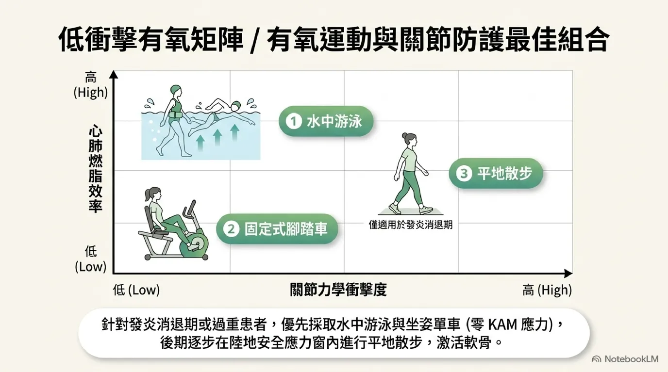 圖:低衝擊有氧減脂矩陣——游泳、自行車與平地散步安全強度比較
