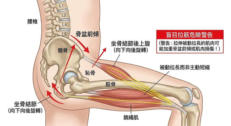 膕繩肌代償性假性緊繃力學機制圖