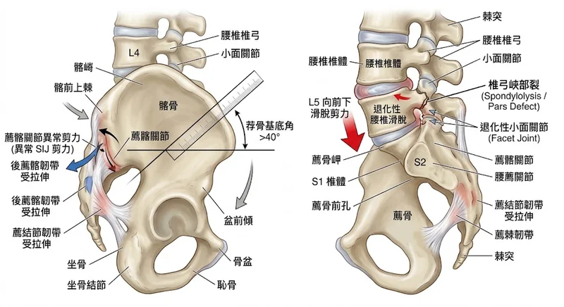 薦髂關節剪力與腰椎滑脫力學機制圖
