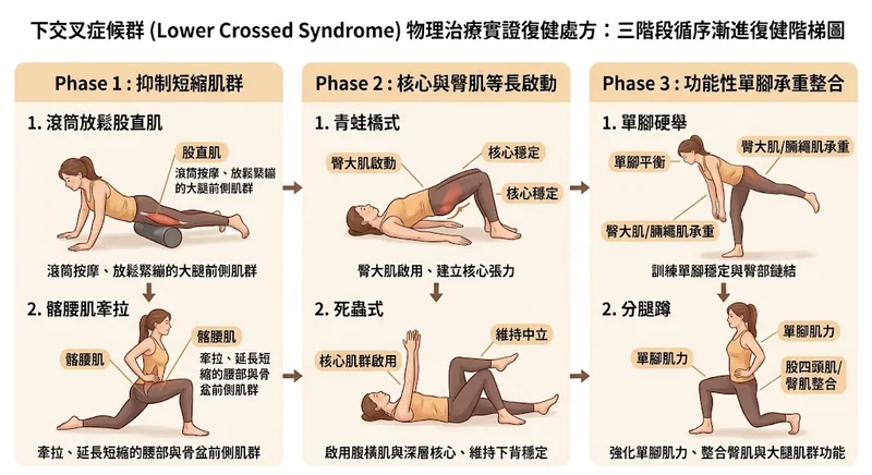 下交叉症候群三階段實證復健處方階梯圖