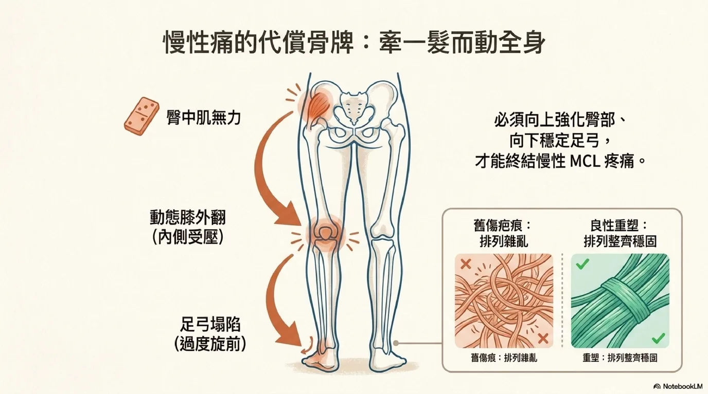 MCL 慢性疼痛下肢力線代償鏈示意圖：踝旋前→脛骨內轉→臀中肌無力→股骨內旋，在膝內側形成慢性外翻剪力